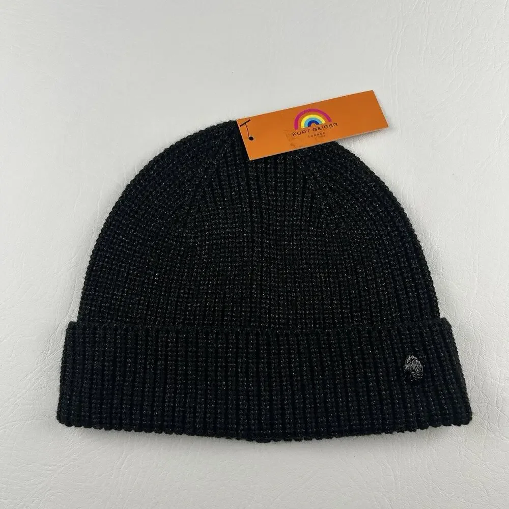 Kurt Geiger London Black Knit Beanie Hat Cuffed One Size NWT Unisex Ribbed